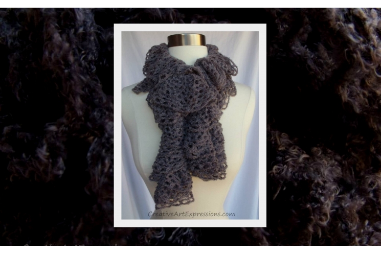 Hand Knit Gray Frill Lace Soft Ruffle Scarf