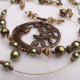 Brown Green & Brass 3 Strand Bird Necklace Jewelry