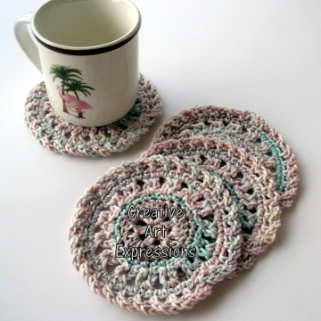 Pastel Pink Crocheted Round Cotton Coasters