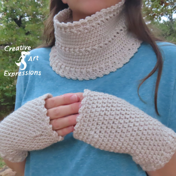 Crocheted Linen Colored Infinity Scarf & Gloves Set