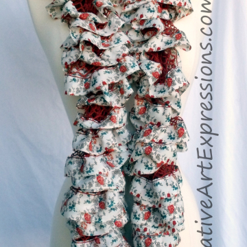 Creative Art Expressions Hand Knit Orient Fabric Lined Ruffle Scarf