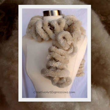 Hand Knit Furry Beige Ruffle Scarf