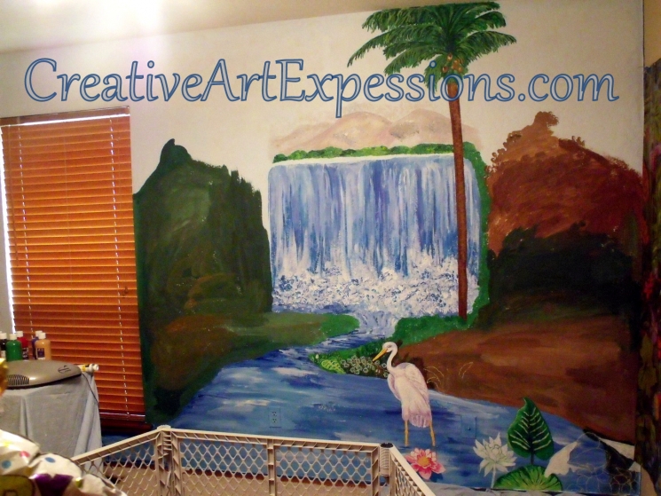 Creative Art Expressions Hand Painted Rainforest Mural In Progress. 8-22-2011