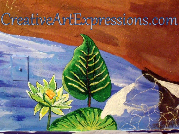 Creative Art Expressions Hand Painted Water Lily On Rainforest Mural In Progress. 8-23-2011