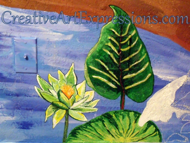 Creative Art Expressions Hand Painted Water Lily On Rainforest Mural In Progress. 8-23-2011