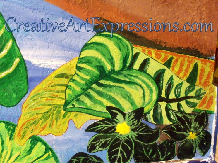 Creative Art Expressions Hand Painted Dark Green Flower Cluster & Green Leaf On Rainforest Mural. 9-10-2011