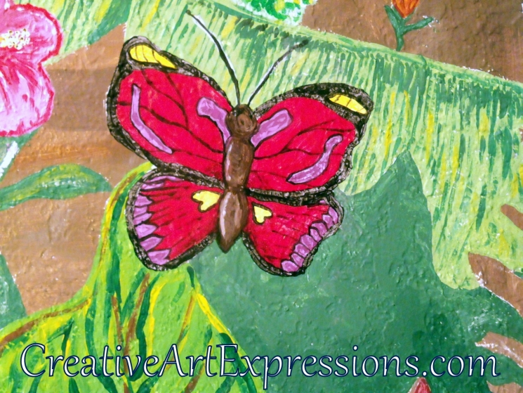 Creative Art Expressions Hand Painted Butterfly On Rainforest Mural in Progress 6-7-2012