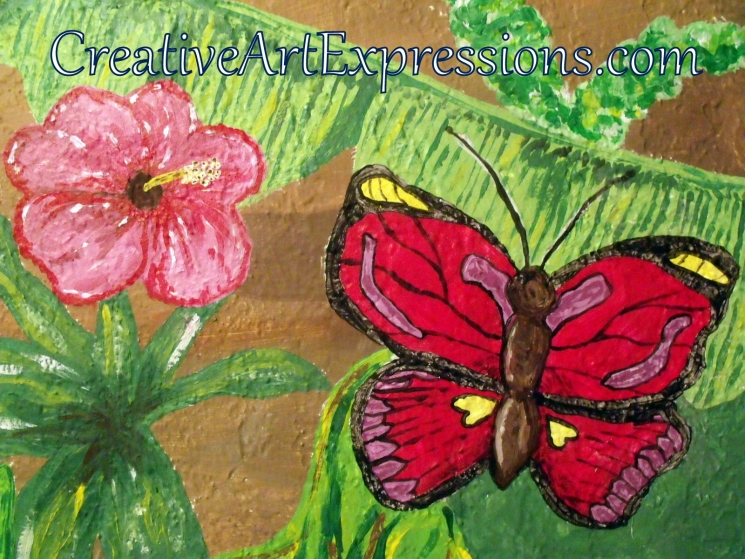 Creative Art Expressions Hand Painted Butterfly & Hibiscus Flower On Rainforest Mural in Progress 6-7-2012