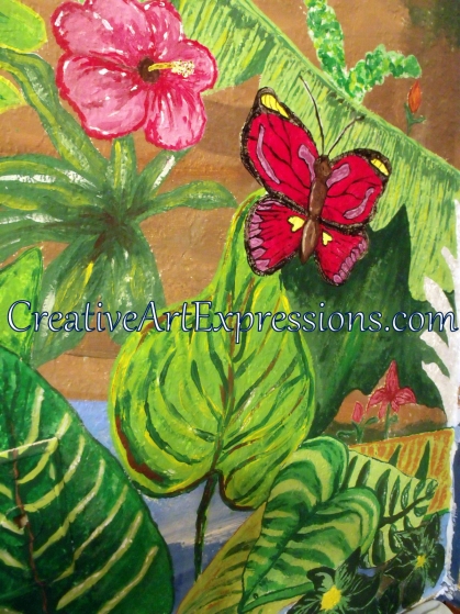 Creative Art Expressions Hand Painted Butterfly & Hibiscus Flower On Rainforest Mural in Progress 6-7-2012