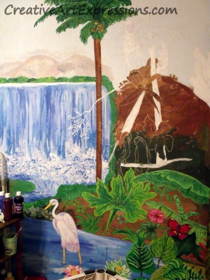 Creative Art Expressions Hand Painted Rainforest Mural In Progress 8-18-12