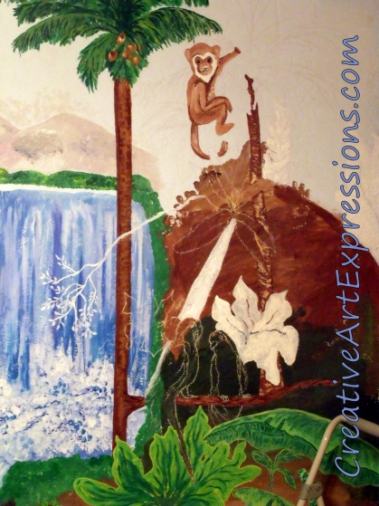 10-2-2012 Monkey added, tree stump that monkey is on added, and branch close to bottom of painting added. Big leaf prepared for painting by painting white. 10-2-2012 Monkey added, tree stump that monkey is on added, and branch close to bottom of painting added. Big leaf prepared for painting by painting white.