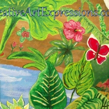 Creative Art Expressions Hand Painted Hibiscus Flower & Butterfly On Rainforest Mural in Progress 6-7-2012 dscf6397-001.jpg