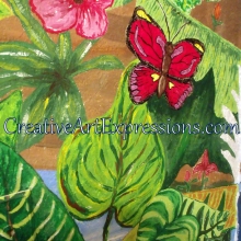 Creative Art Expressions Hand Painted Butterfly & Hibiscus Flower On Rainforest Mural in Progress 6-7-2012 dscf6406-001.jpg