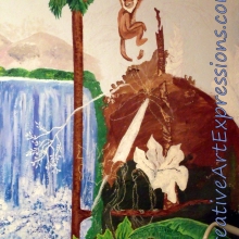 10-2-2012 Monkey added, tree stump that monkey is on added, and branch close to bottom of painting added. Big leaf prepared for painting by painting white. dscf7660-001.jpg