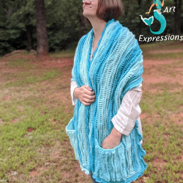 Crocheted Sea Breeze Pocket Shawl Long in Aqua Seas, Women Shawl, Sea Breeze Collection, Mermaid Fashion, Unique Gifts, Handmade Cozies, Handmade Fashion, Mermaid at Heart, Ocean Crochet, Coastal Crochet, Splashing a Sea Breeze, Crochet with Meaning