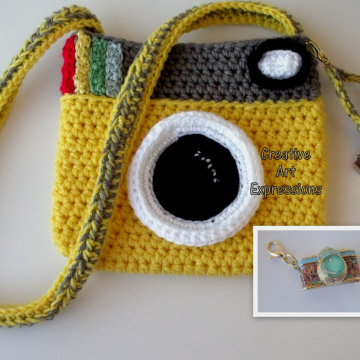 Camera Purse, Bright Yellow, Gray, Camera Bag, Camera Bag Purse, Stylish Camera Bag, Crochet, Fashion Camera Bag, Cute Camera Bag, Handmade, Fabric Lined, Key chain, Camera Charm, Amigurumi Camera Purse, Vintage Camera Purse, Fashionable Camera Bags,