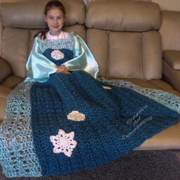 Ready to Ship, Ice, Snow, Princess Dress Blanket Thick & Soft, Crocheted, Opal Blue, White, Blue Child Large, Wearable Blanket, Girl Gifts, Unique Gifts