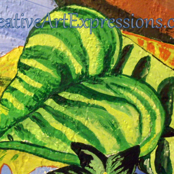 Creative Art Expressions Hand Painted Dark Green Flower Cluster & Green Leaf On Rainforest Mural. 9-10-2011