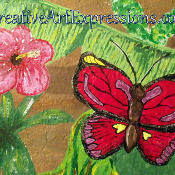 Creative Art Expressions Hand Painted Butterfly & Hibiscus Flower On Rainforest Mural in Progress 6-7-2012