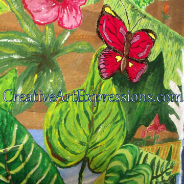 Creative Art Expressions Hand Painted Butterfly & Hibiscus Flower On Rainforest Mural in Progress 6-7-2012