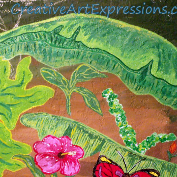 Creative Art Expressions Hand Painted Rainforest Mural. The large leaf was added today. 8-18-12