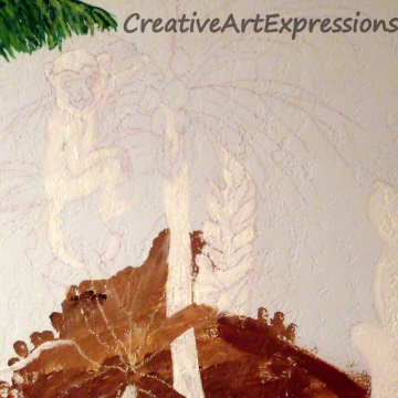  Prepping the monkey, trunk of trees, and large leaf to paint.