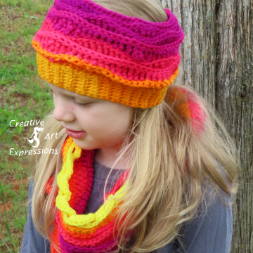 Crocheted Youth 6-10 years Ear Warmer & Infinity Scarf Set in Sunset Sea, range, yellow, hot pink, deep purple Sea Breeze Collection, Unique Gifts, Handmade, Handmade Fashion, Mermaid at Heart, Ocean Crochet,