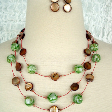 Creative Art Expressions Handmade Green & Brown Mother of Pearl 3 Strand Necklace & Earrings Jewelry Design