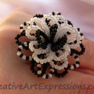 Creative Art Expressions Handmade Black & White Seed Bead Flower Ring Jewelry Design