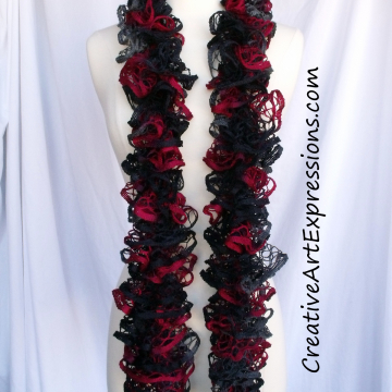 Creative Art Expressions Hand Knitted Red Black & Gray Ruffle Scarf