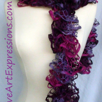 Creative Art Expressions Hand Knitted Pink & Purple Ruffle Scarf