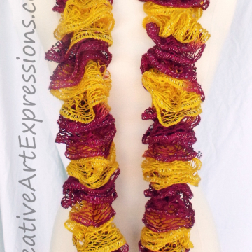 Creative Art Expressions Hand Knitted Gold & Burgundy Ruffle Scarf