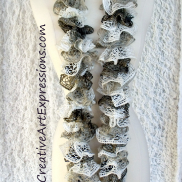 Creative Art Expressions Hand Knitted White Gray & Brown Ruffle Scarf