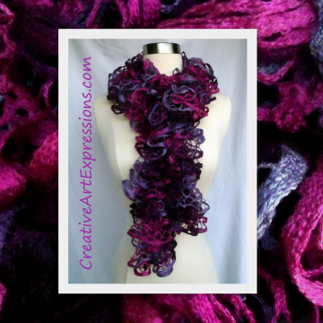 Creative Art Expressions Hand Knitted Pink & Purple Ruffle Scarf