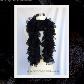 Creative Art Expressions Hand Knit Black Lace Ruffle Scarf