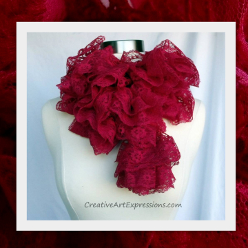 Creative Art Expressions Hand Knit Red Lace Ruffle Scarf