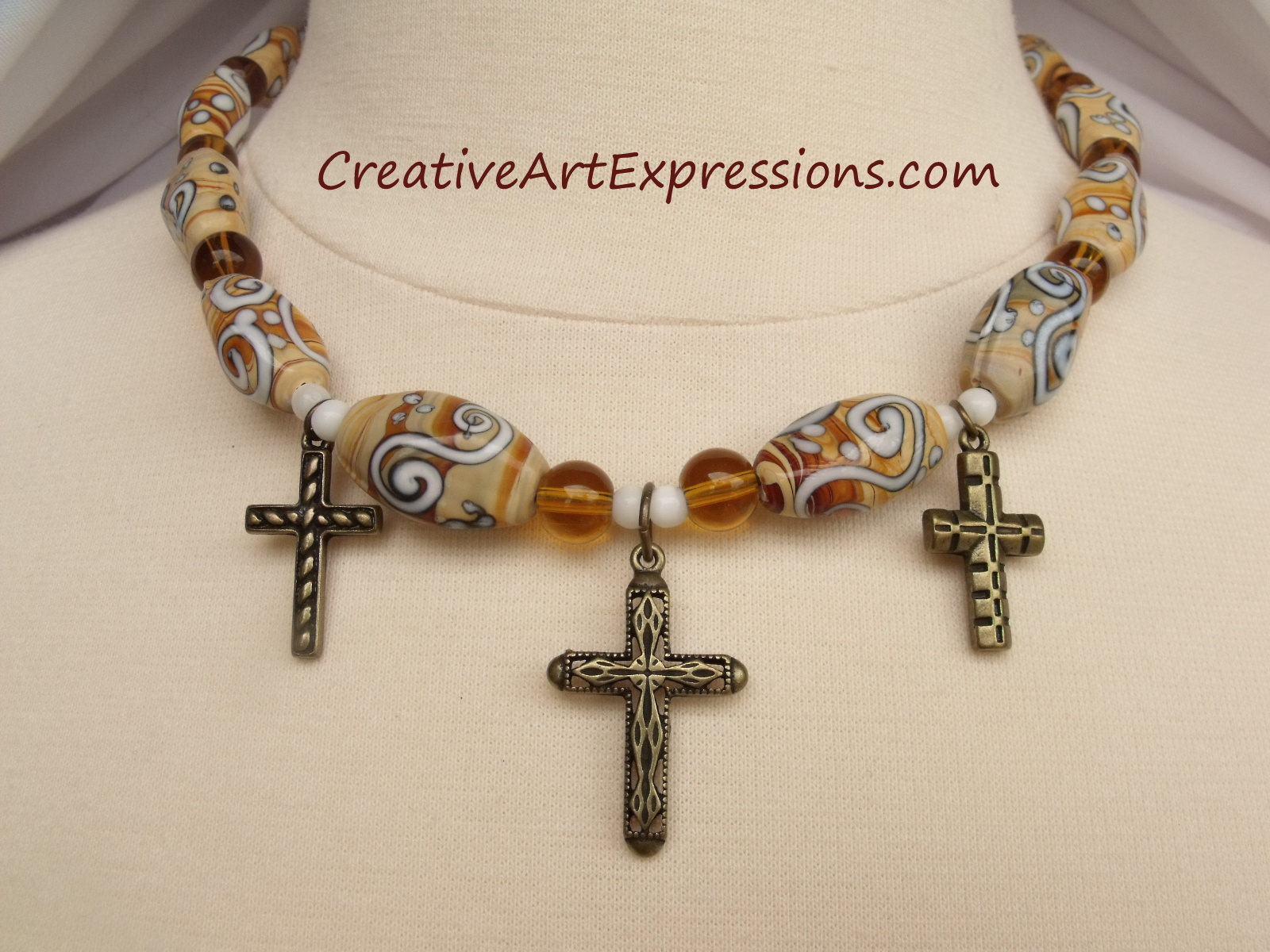 Creative Art Expressions Handmade Mahogany Cross Prayer Beads Necklace Jewelry Design